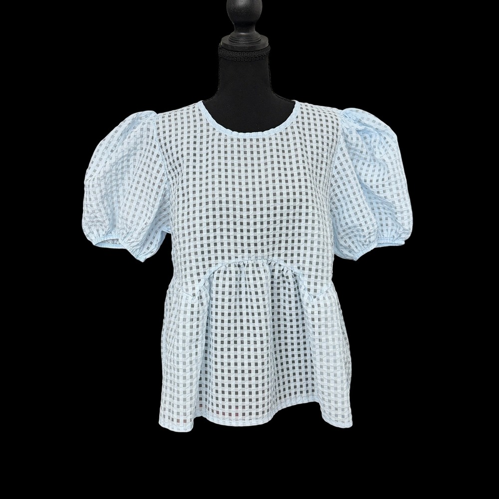 Maeve Anthropologie Babydoll Blouse L Blue Puff Sleeve Sheer Peplum Cottagecore